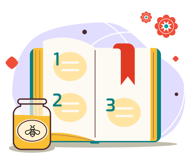 An illustration of a beekeepers workbook on a lilac background and a jar of honey in the front.