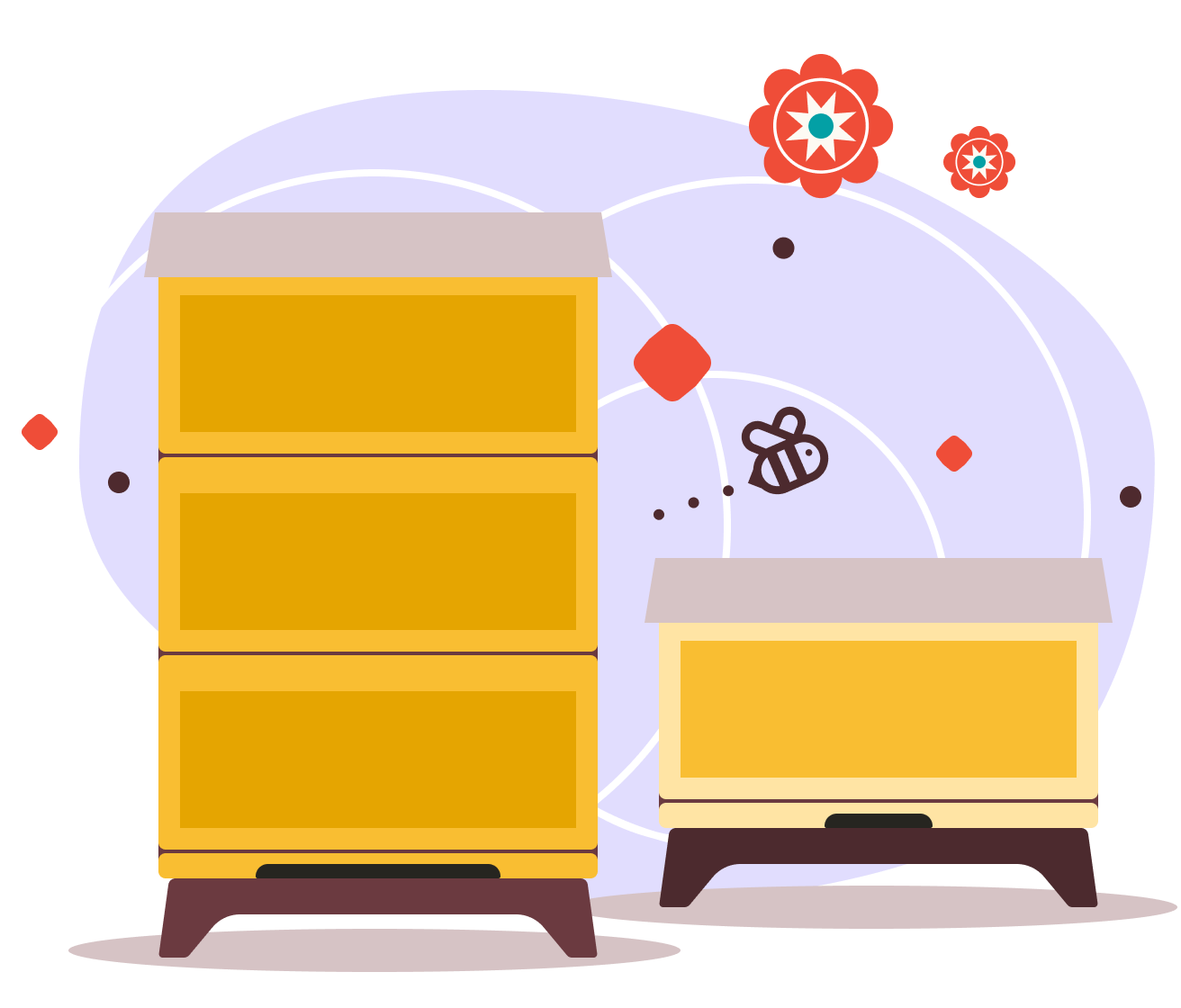 An illustration of two apieries of different size.