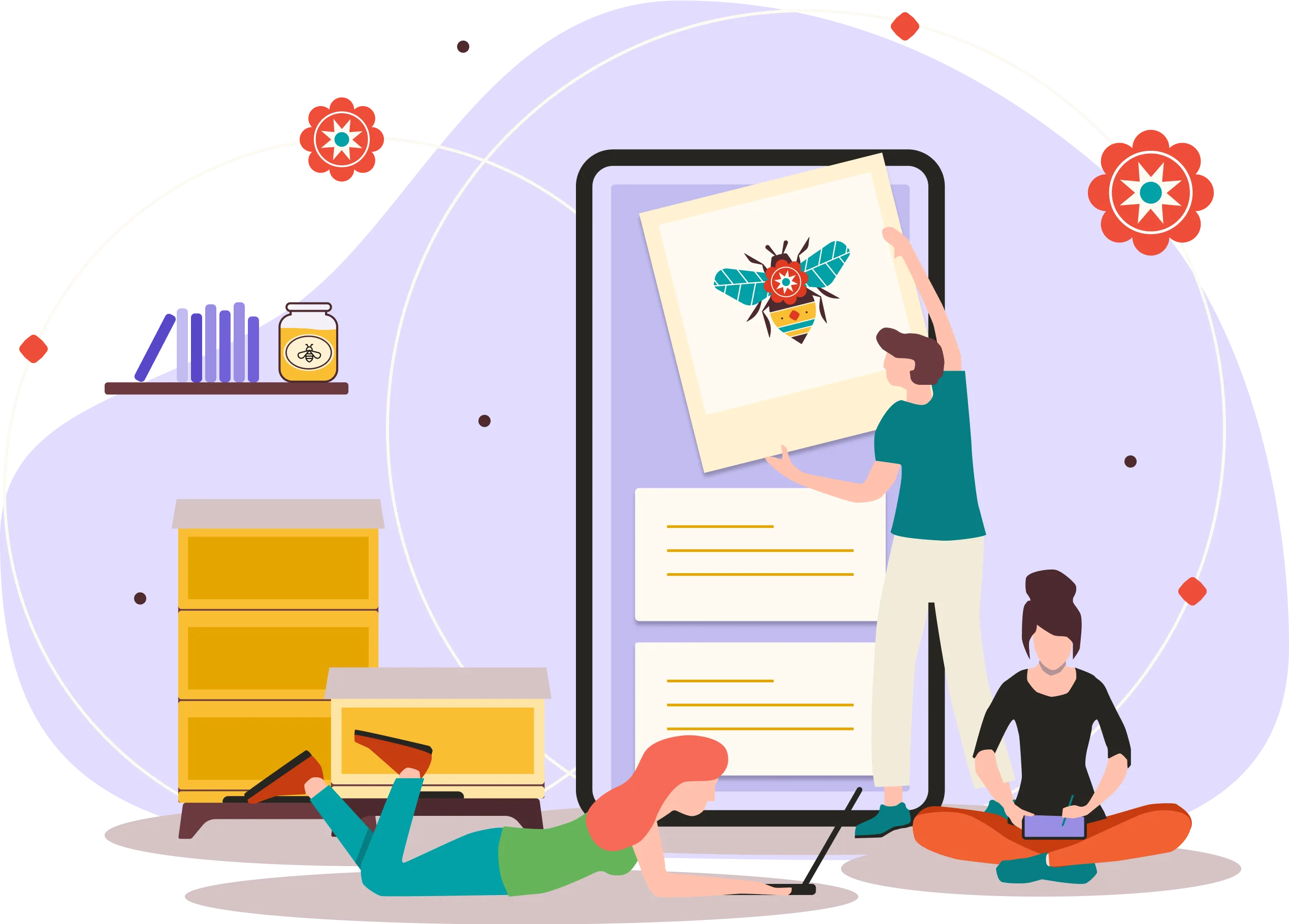Illustration von drei Kreativen beim Zeichnen, Programmieren und Entwickeln einer Imker-App.
