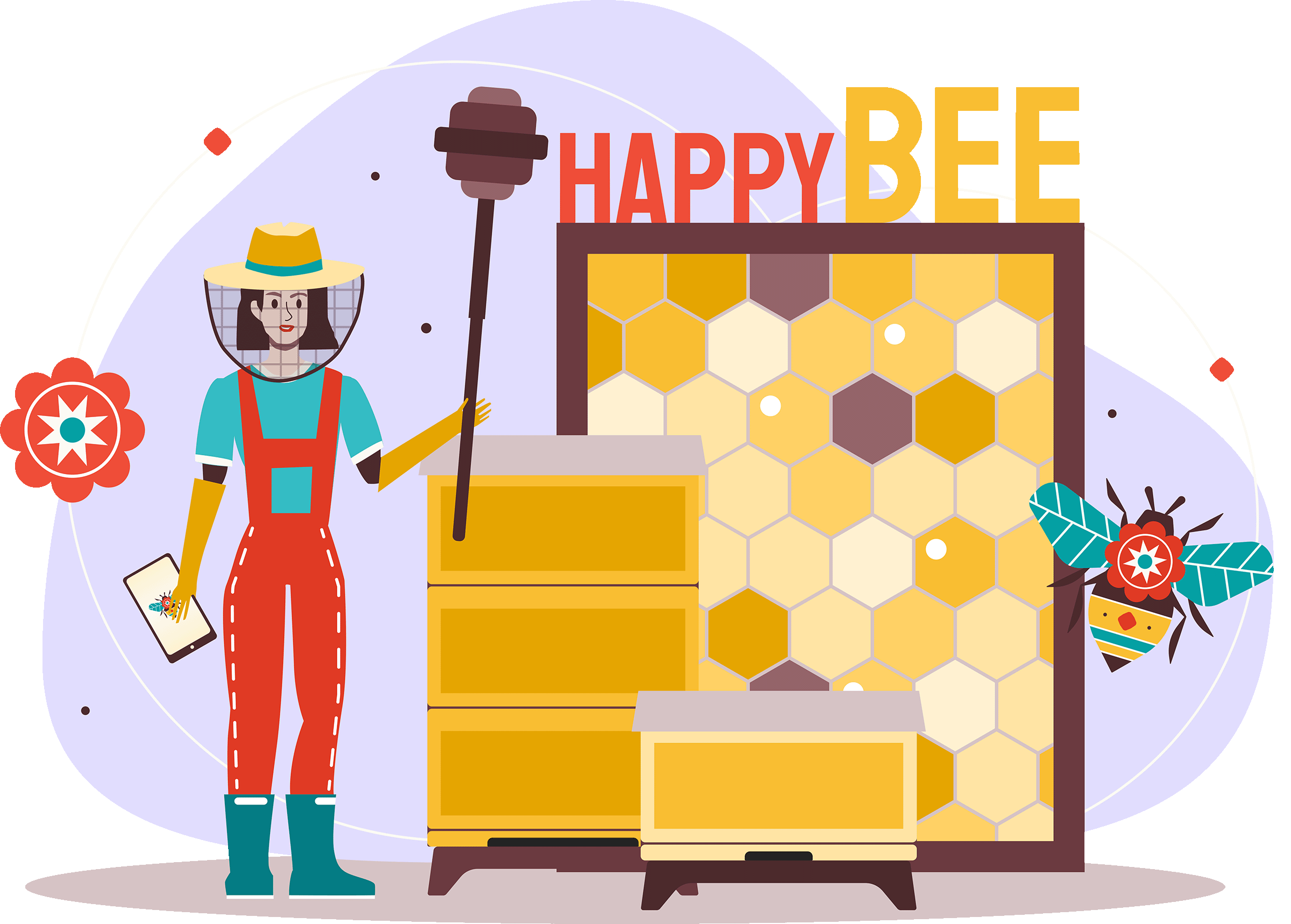 Illustration of a female beekeeper standing next to two beehives and the sign "Happy Bee".